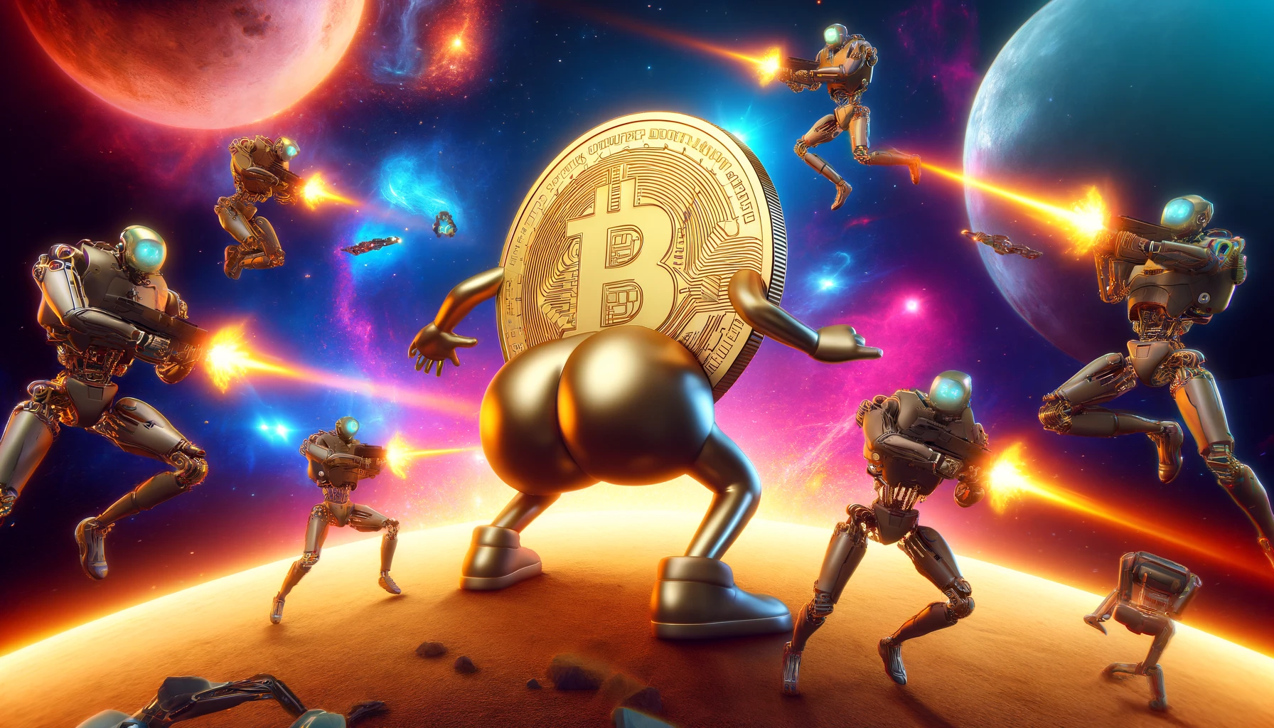 Epic battle scene with Bitcoin butt coin and robots